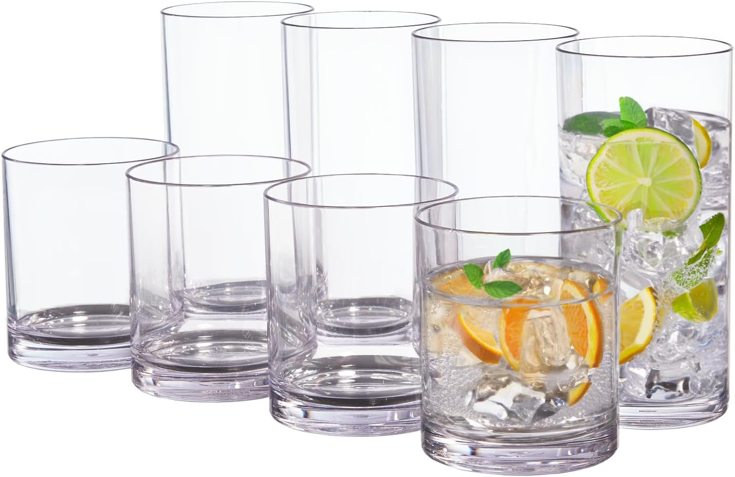 Classic Clear Plastic Reusable Drinking Glasses Set of 8 12Oz Rocks & 16Oz Water Cups