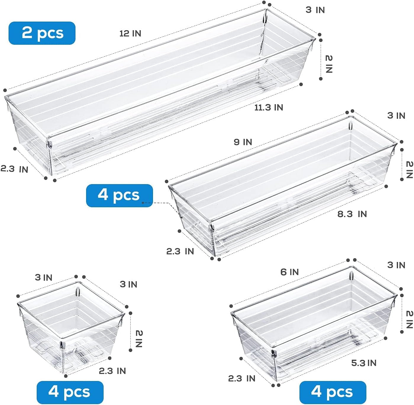 14 PCS Clear Plastic Drawer Organizer Tray 4 Sizes Desk Drawer Divider 