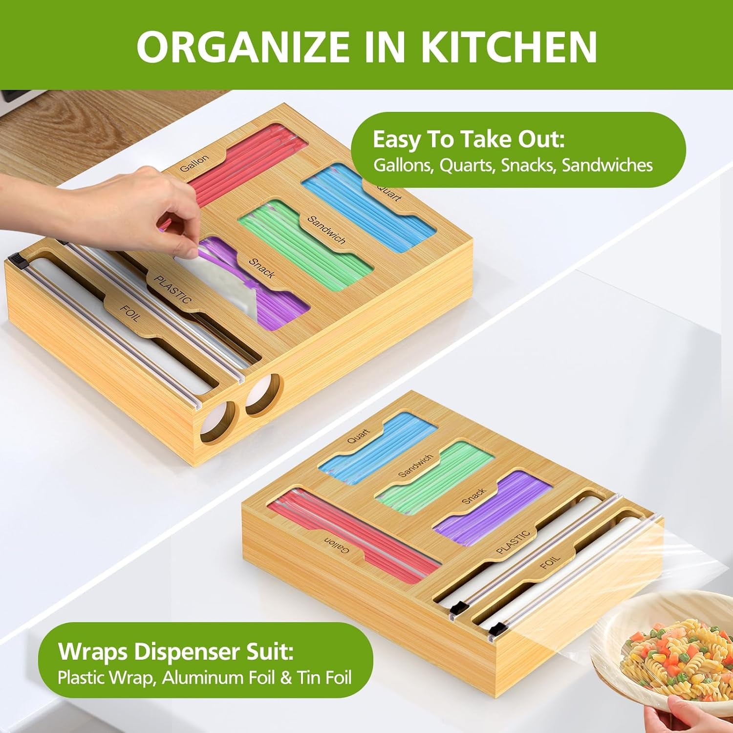 Bag Storage Organizer for Kitchen Drawer 6 in 1 Foil and Plastic Wrap Dispenser