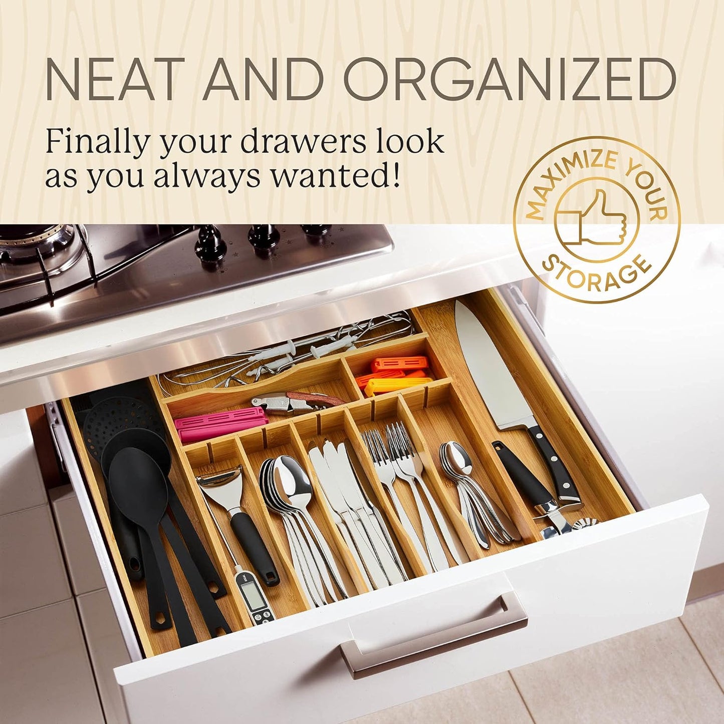 2.5 Deep Bamboo Drawer Organizer Expandable for Kitchen Silverware Drawer