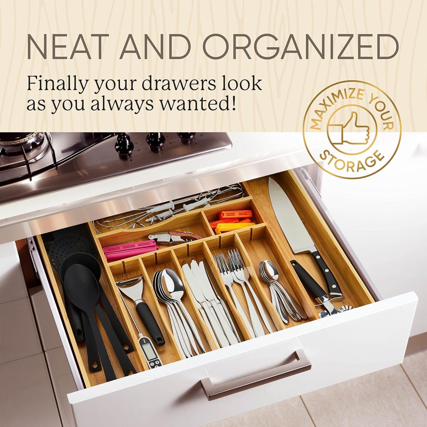 2.5 Deep Bamboo Drawer Organizer Expandable for Kitchen Silverware Drawer