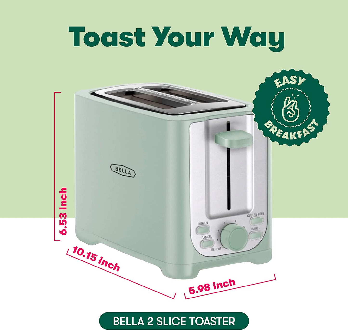 2 Slice Toaster with Auto Shut off  Extra Wide Slots & Removable Crumb Tray