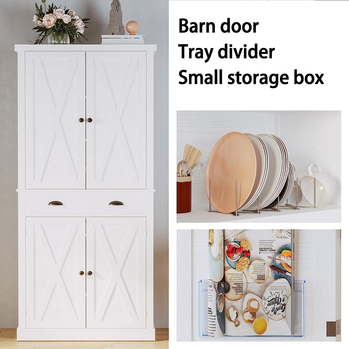 Kitchen Pantry Storage Cabinet 72" Height with Barn Doors Drawer 4 Adjustable