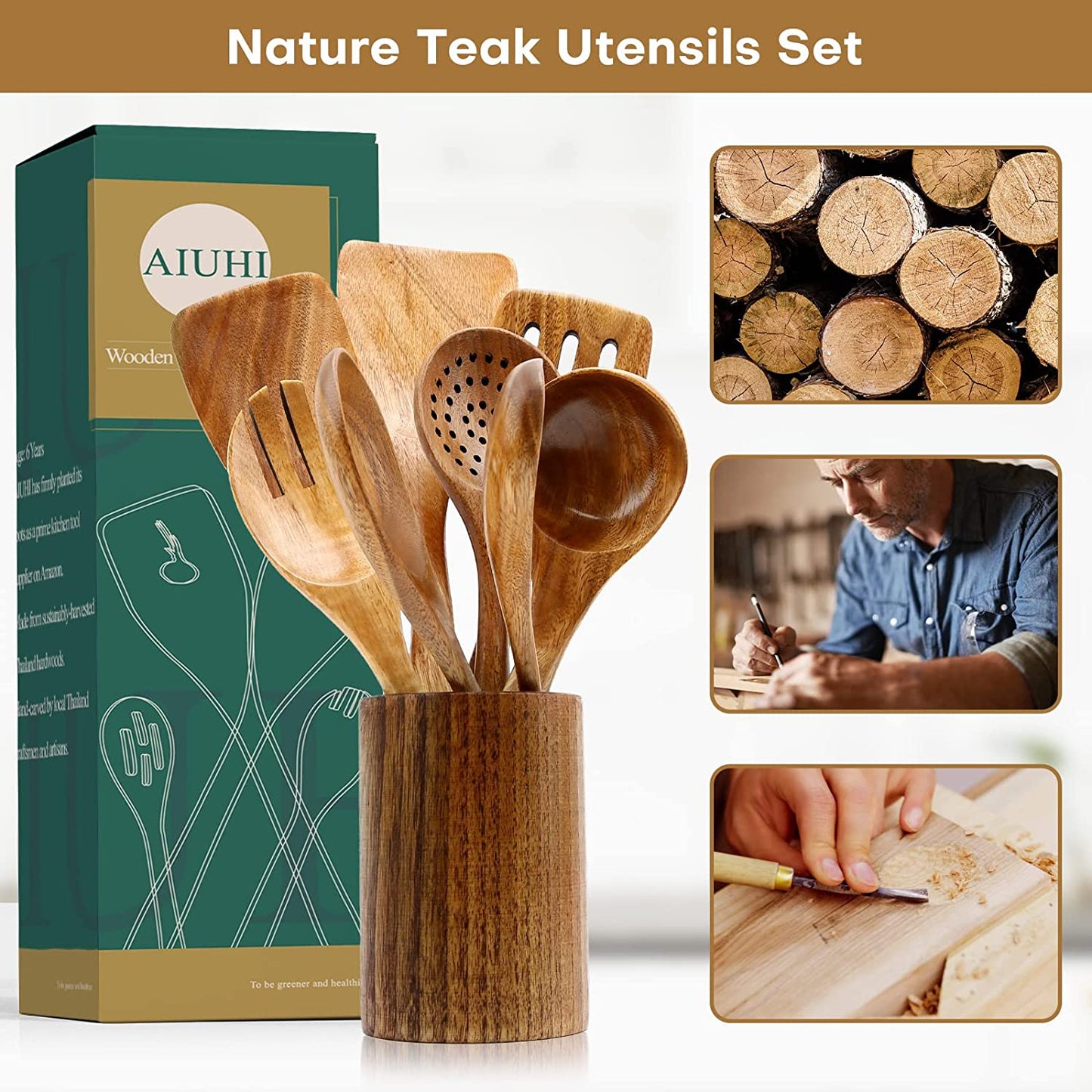 Natural Teak Wood Kitchen Utensils with Spatula and Ladle