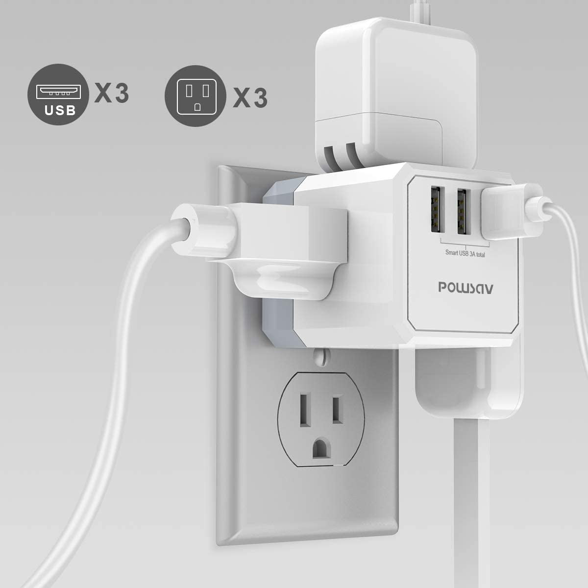 3 Outlet USB Wall Charger and Extender with 3 Way Splitter ETL Listed for Home Office Cruise Ship