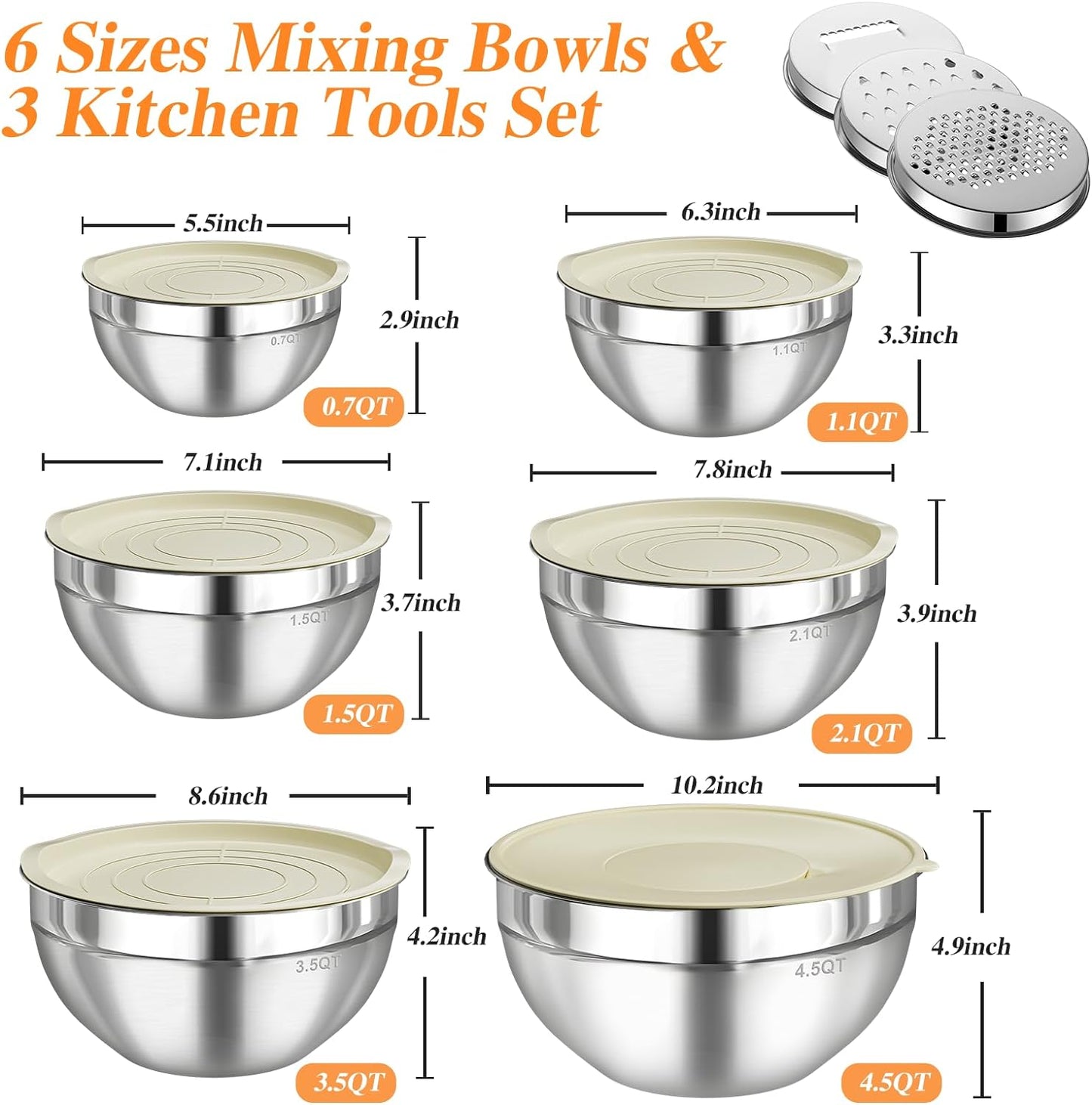 6 PCS Stainless Steel Mixing Bowls with 3 Grater Attachments