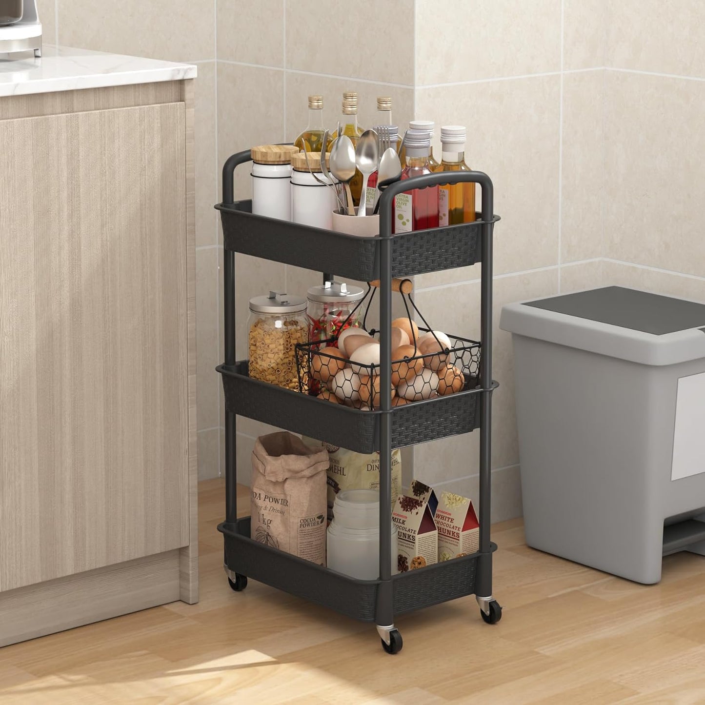 3 Tier Plastic Rolling Cart with Handle Utility Storage Cart with Office Living Room Kitchen