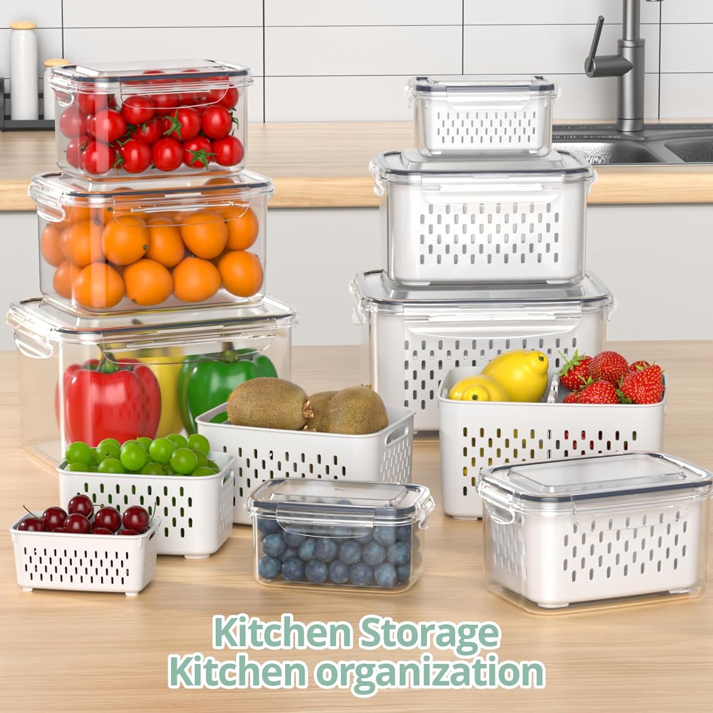 Fruit Storage Containers for Fridge with Removable Colander 24PCS Fruit Containers 