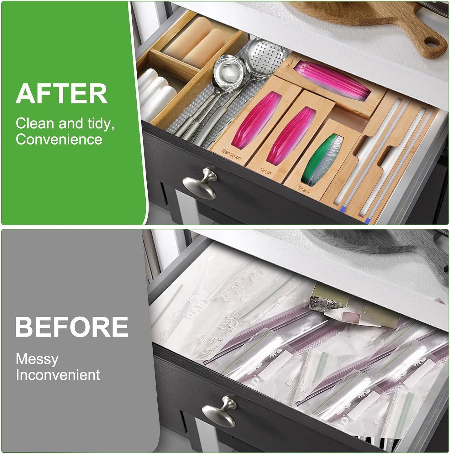 Individual Storage Bag Organizer for Kitchen Drawer Bamboo with Foil or Plastic Wrap Organizer 