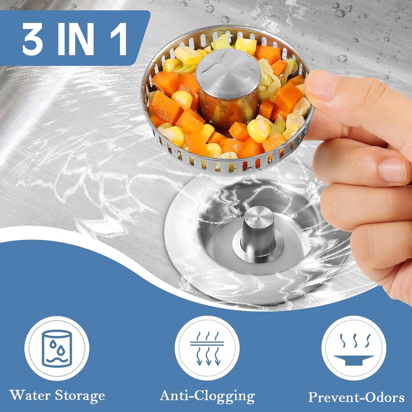 Kitchen Sink Drain Strainer 3 in 1 304 Stainless Steel Pop up Sink Stopper 