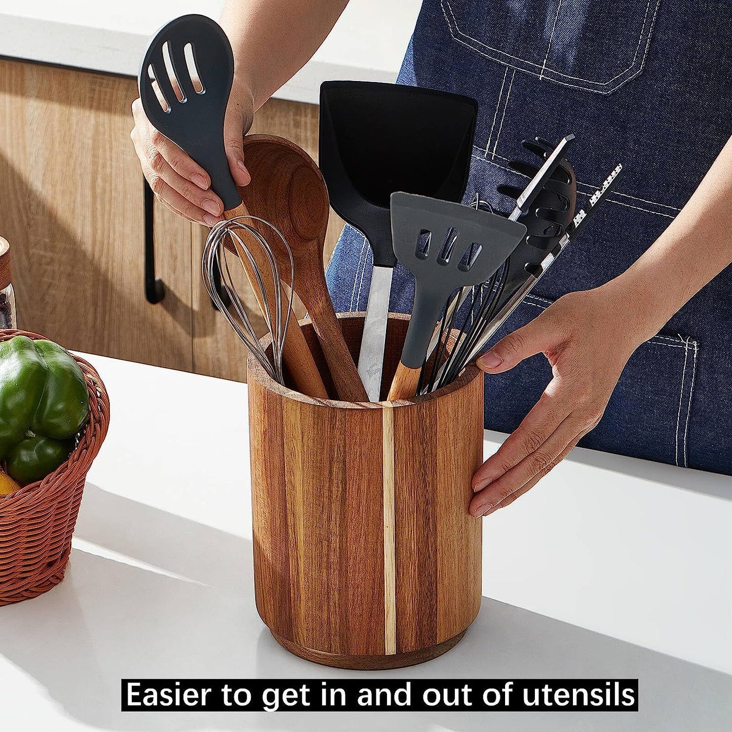 Acacia Wood Utensil Holder for Kitchen Counter 360° Rotating 7.2 Large Cooking Utensil Holder