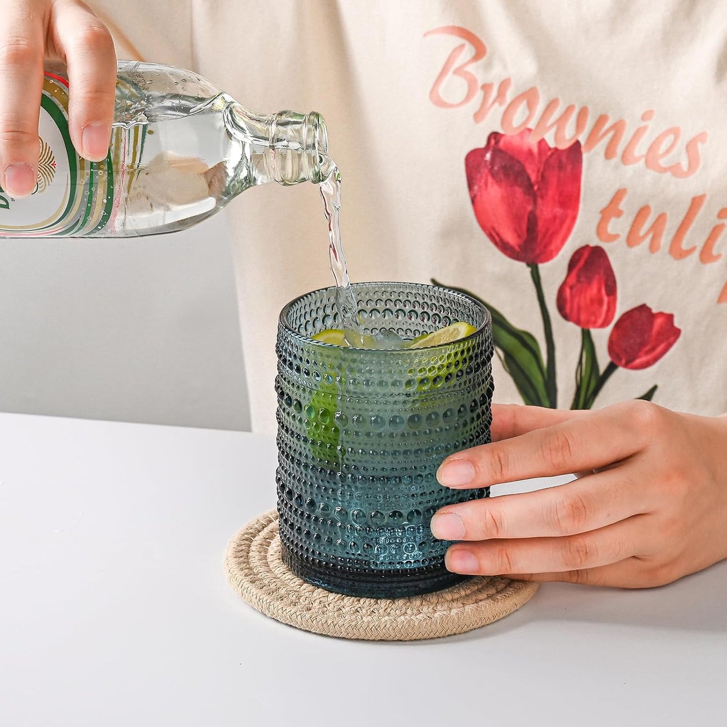 12 Oz Hobnail Glass Cups Embossed Blue Water