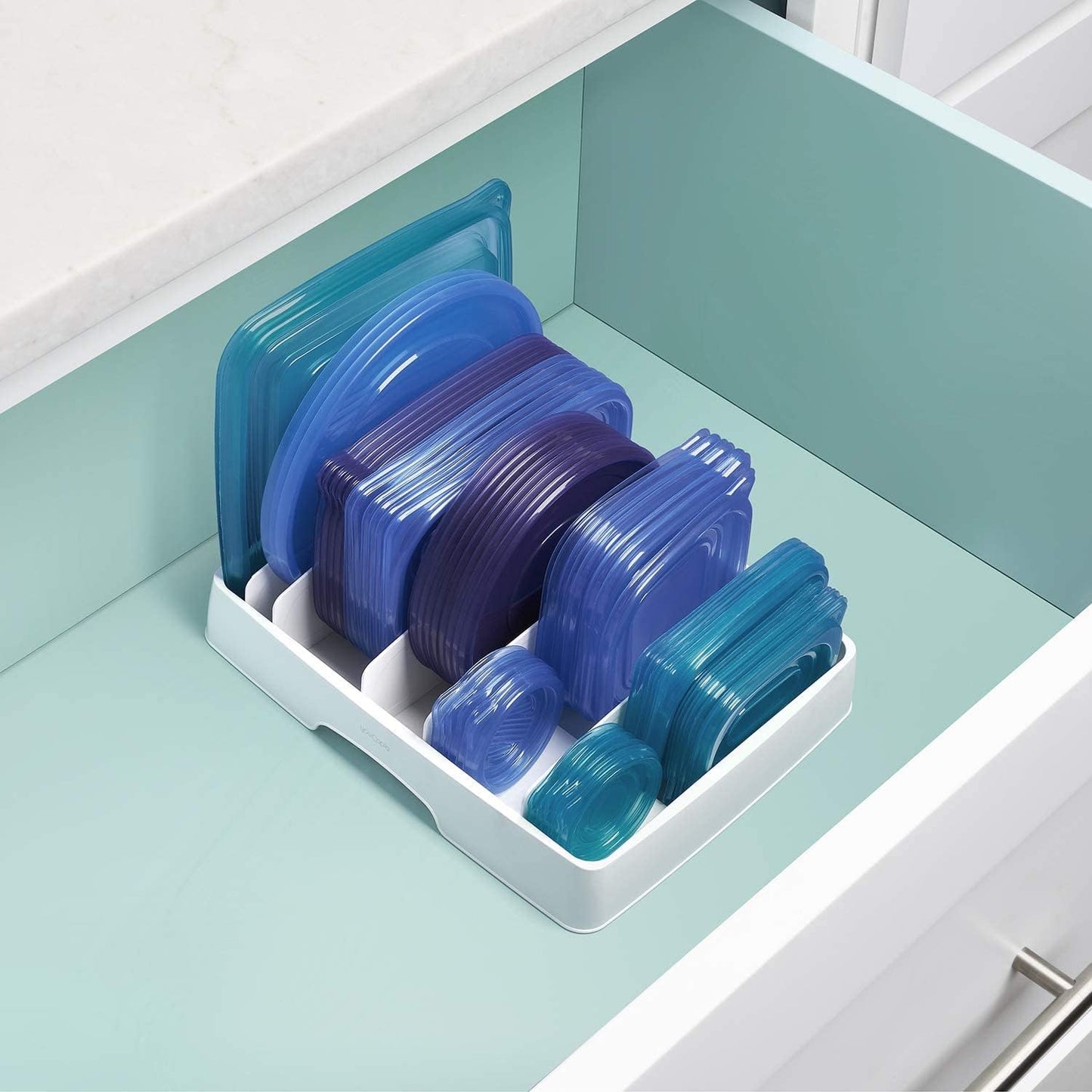 Storalid Adjustable Food Container Lid Organizer for Kitchen Cabinet Storage