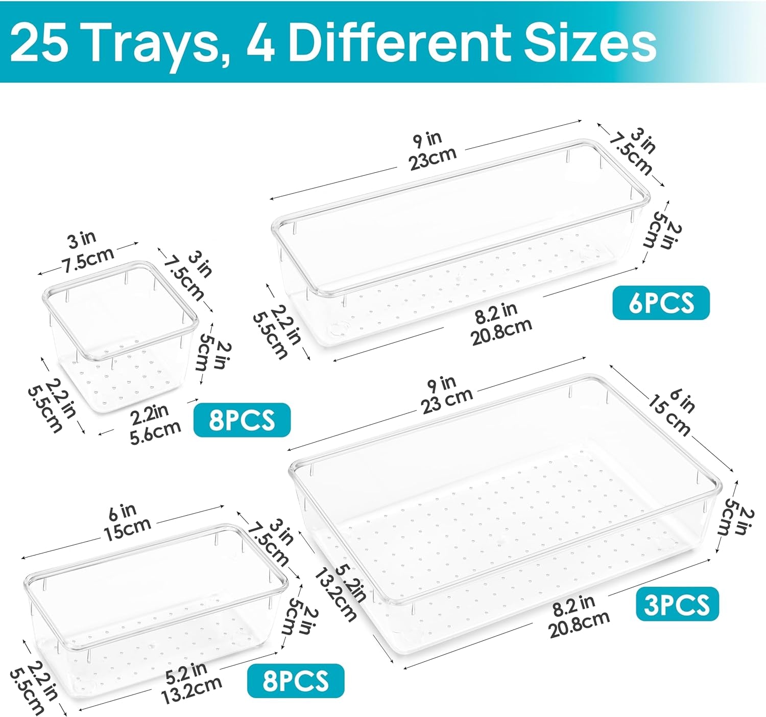 25 PCS Clear Plastic Drawer Organizers Set 4-Size Versatile Bathroom and Vanity