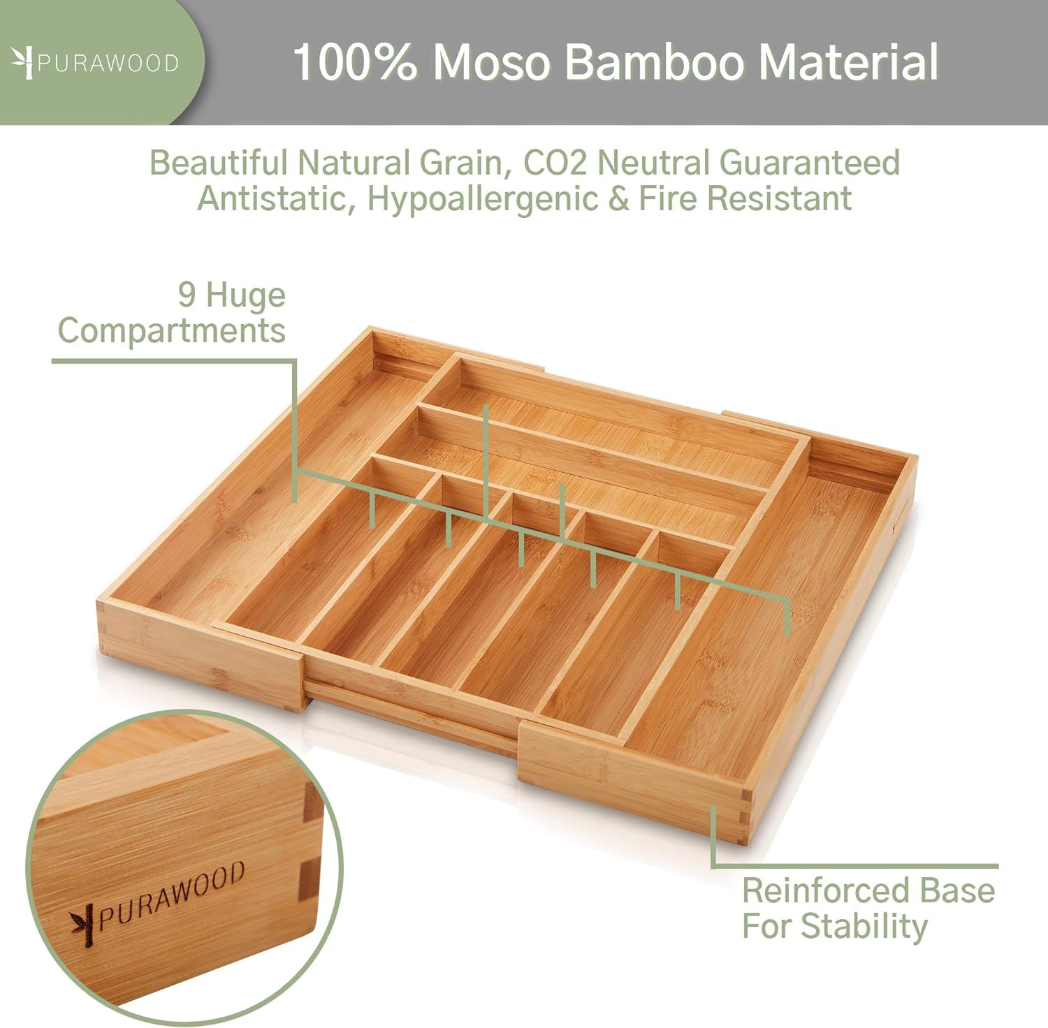 Large Premium Bamboo Silverware Organizer Expandable 