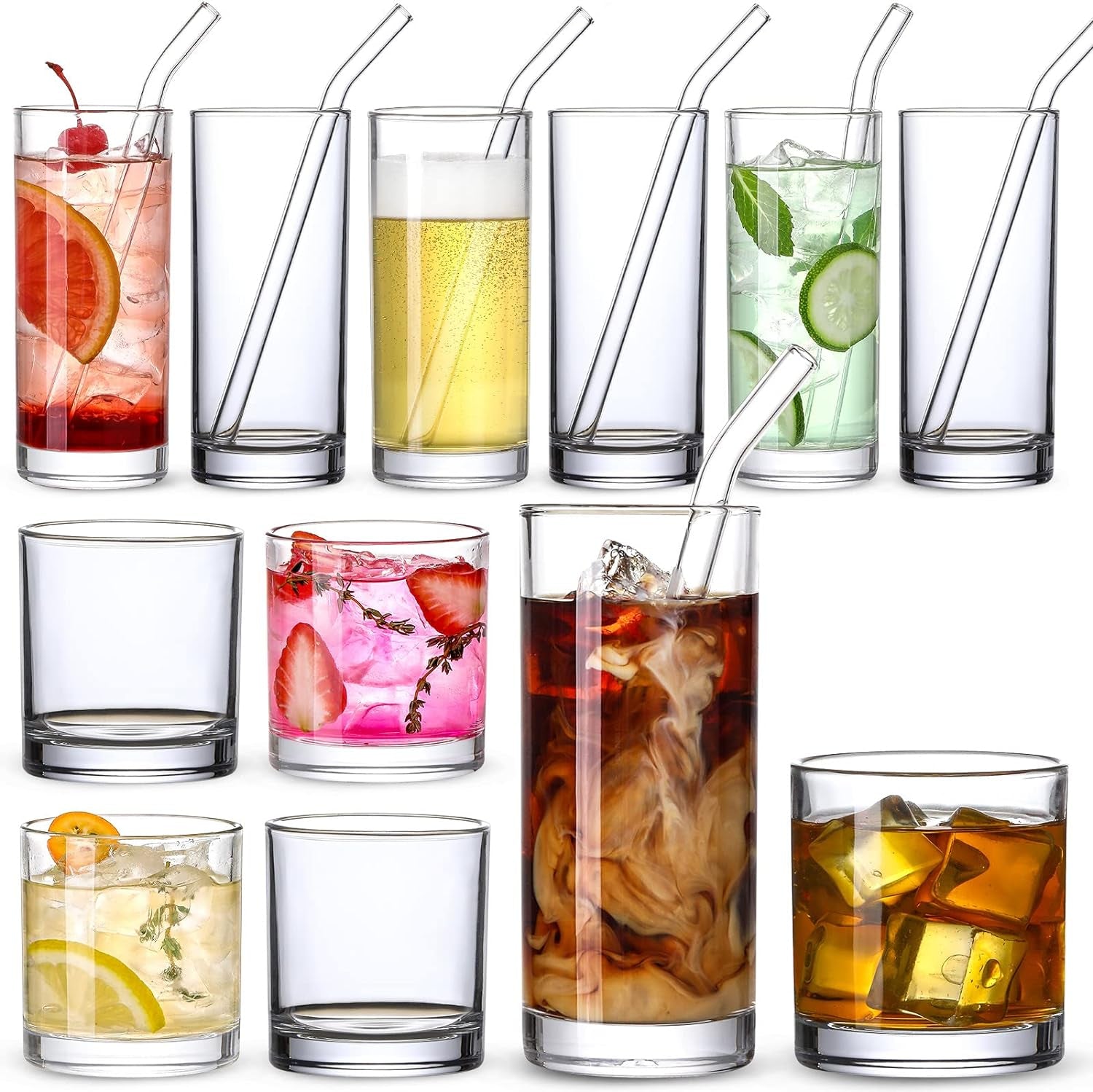 12 Pack Glass Cups with Glass Straws 12Oz Highball & Rock Drinking Glasses