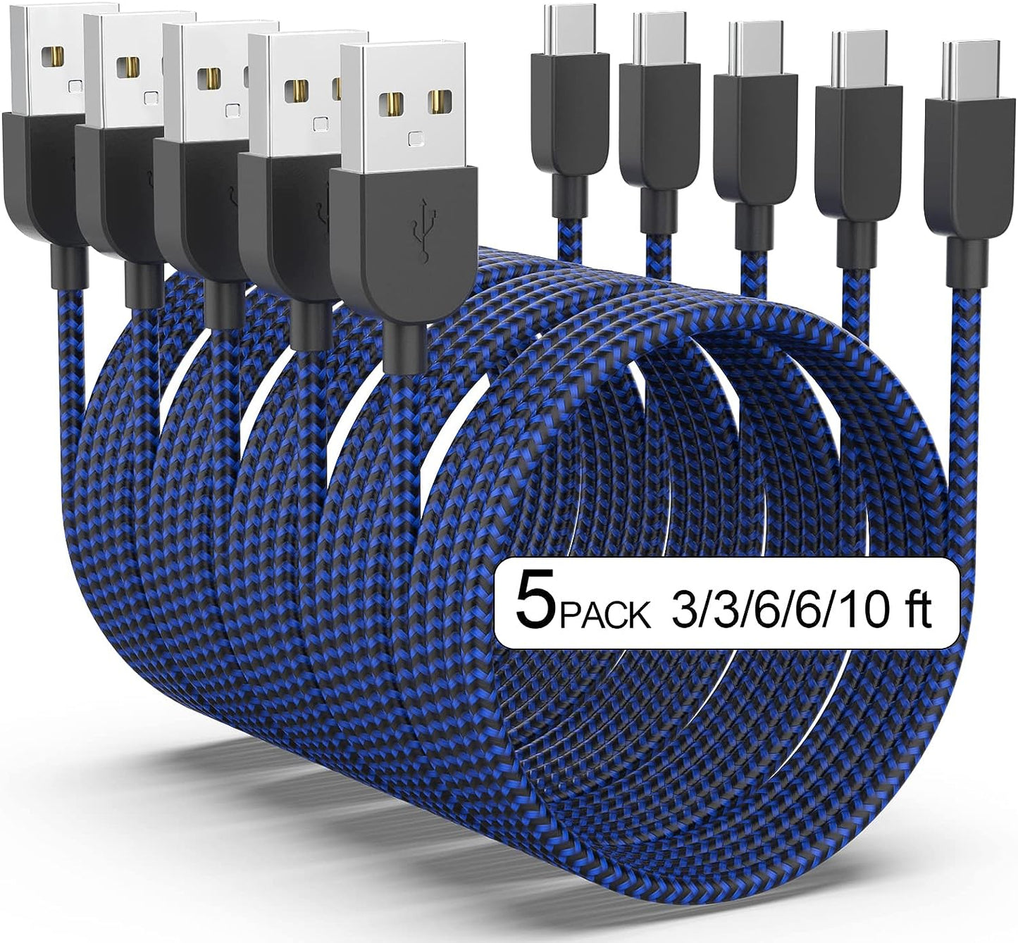 USB Type C Cable 5Pack 3 3 6 6 10FT Fast Charging 3.1A Quick Charge USB