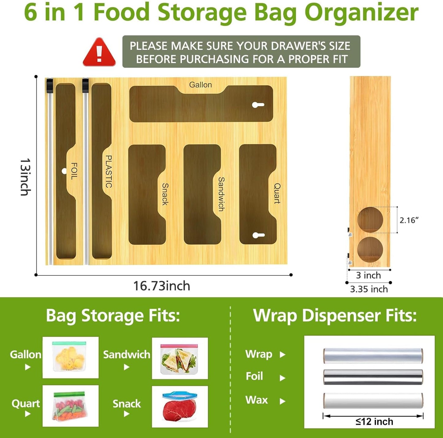 Bag Storage Organizer for Kitchen Drawer 6 in 1 Foil and Plastic Wrap Dispenser