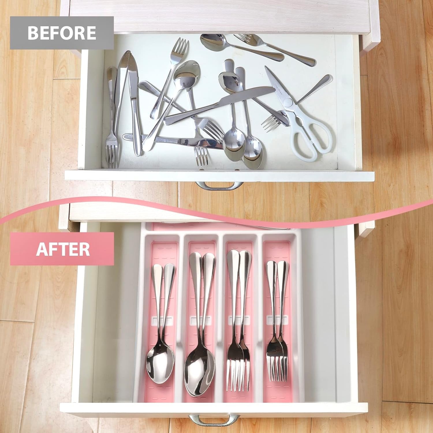 Silverware Organizer with Icons Plastic Cutlery Silverware Tray for Drawer