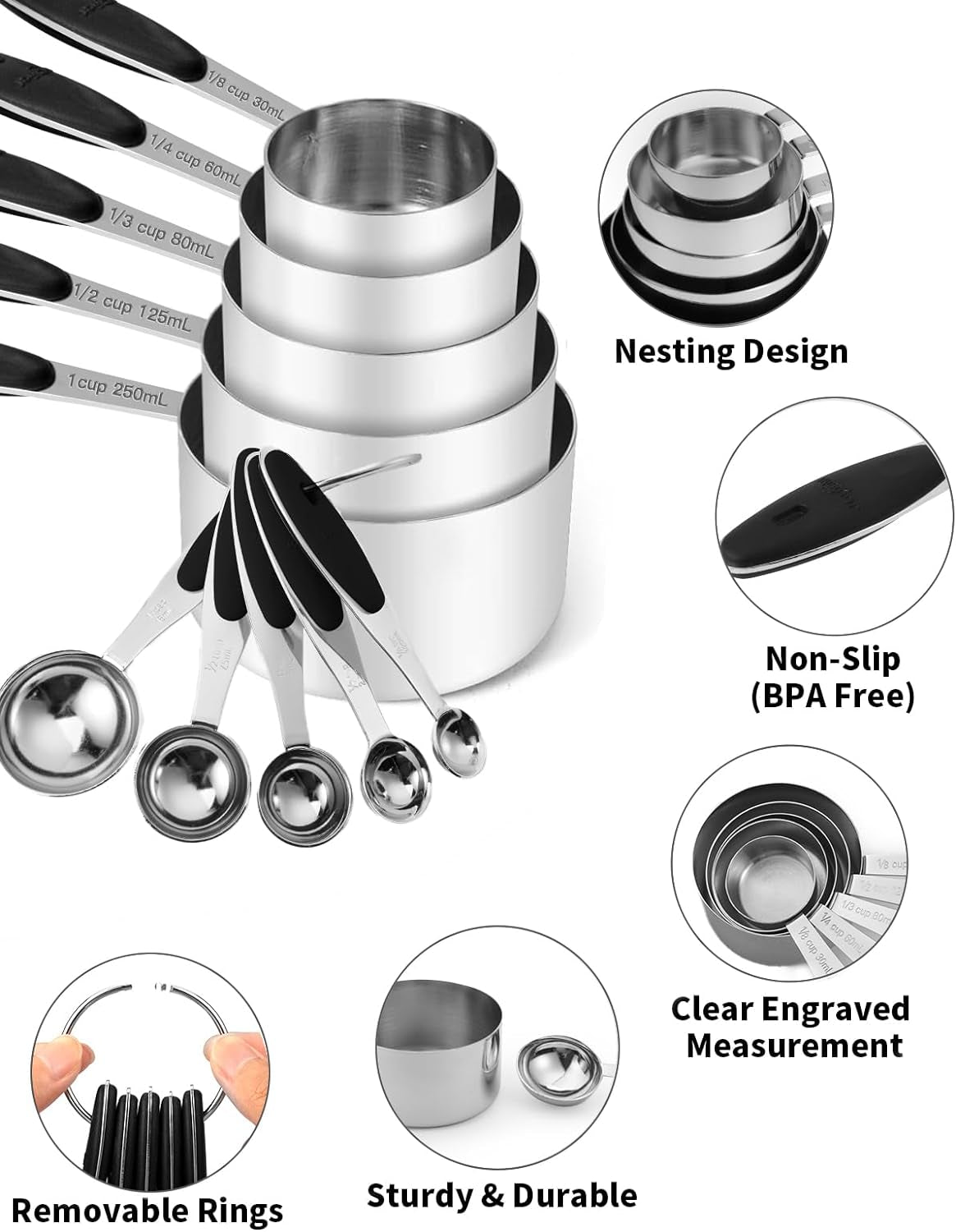 Stainless Steel Measuring Cups and Spoons Set of 10 Piece Nesting Metal Measuring Cups Set