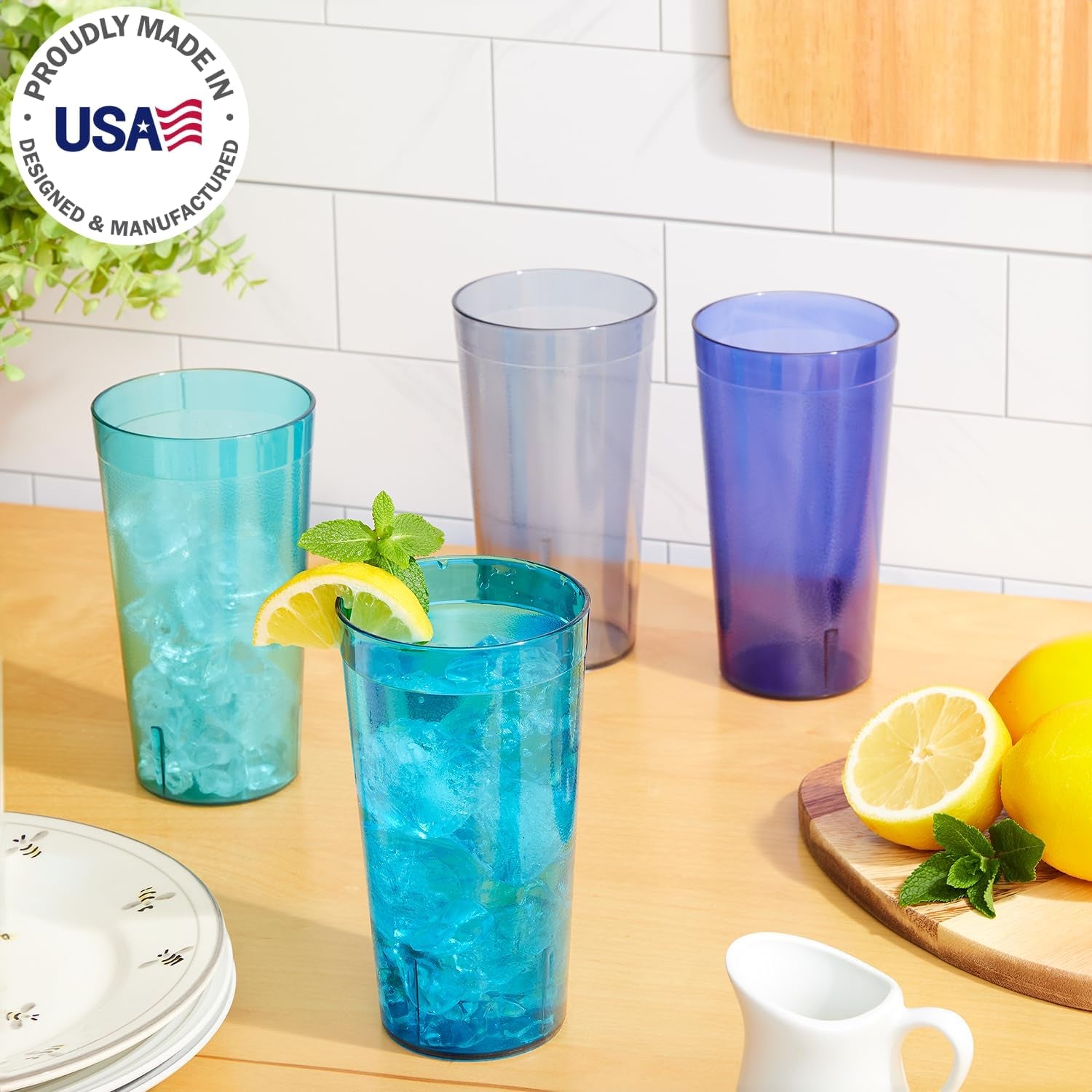 Cafe Plastic Reusable Tumblers  Set of 16 20 Ounce Water Cups Coastal Colors