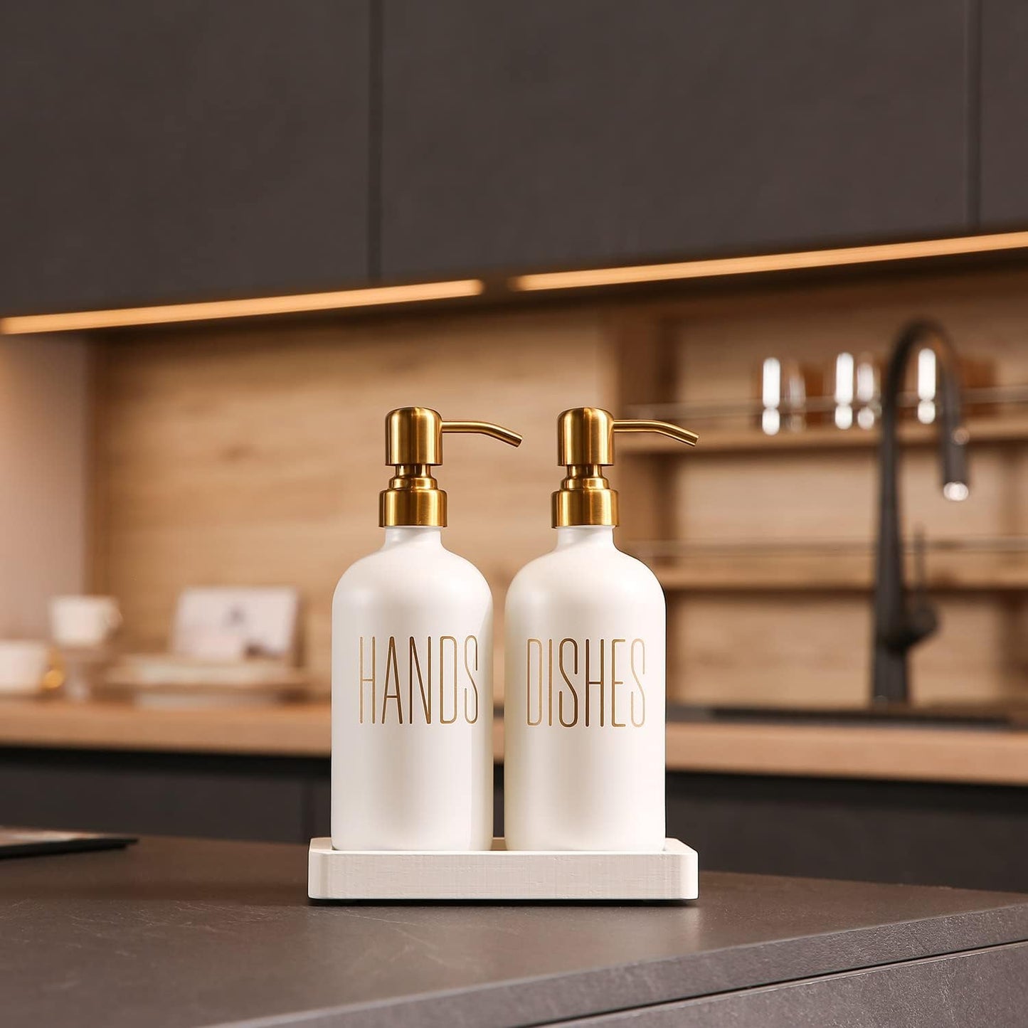 Glass and Stainless Steel Soap Dispenser Set for Kitchen Counters White