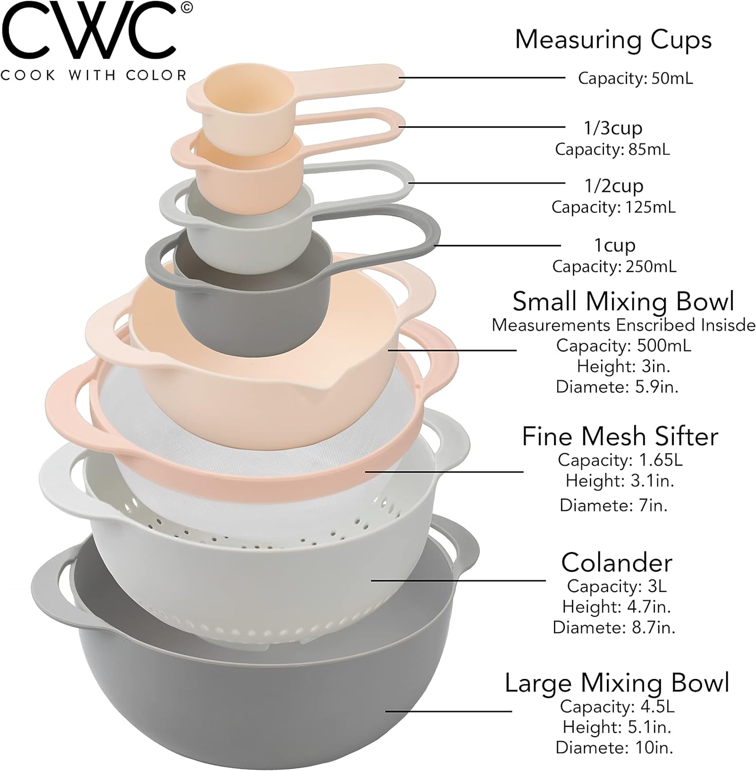 8 Piece Nesting Bowls with Measuring Cups Colander and Sifter Set