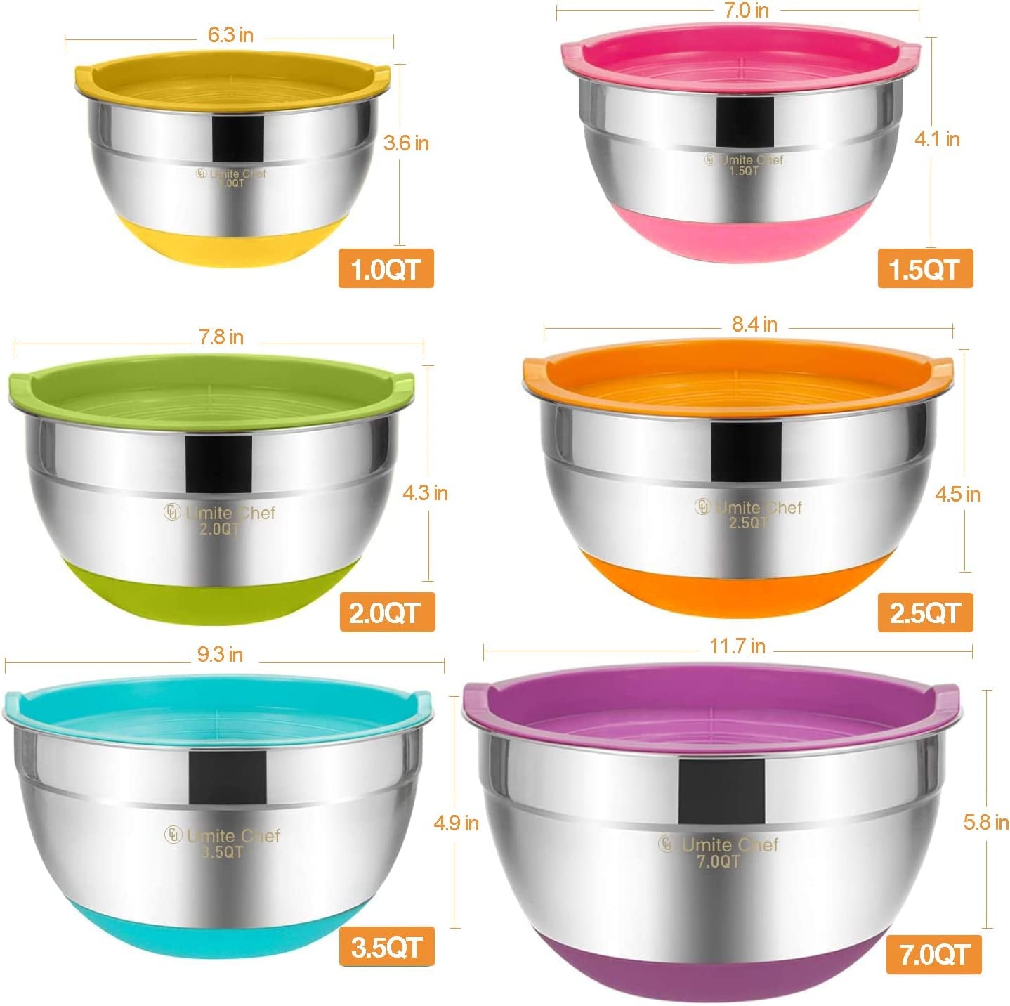 Mixing Bowls with Airtight Lids 6 Piece Stainless Steel Metal Bowls Measurement Marks