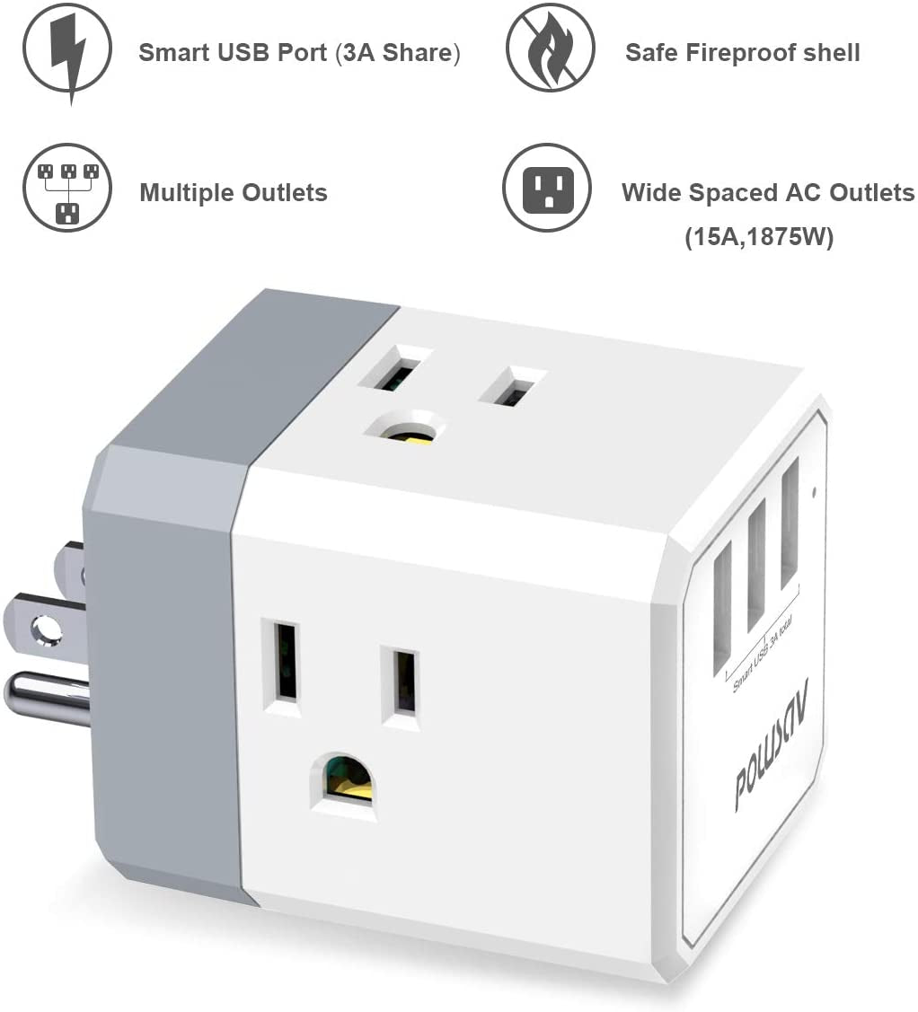 3 Outlet USB Wall Charger and Extender with 3 Way Splitter ETL Listed for Home Office Cruise Ship