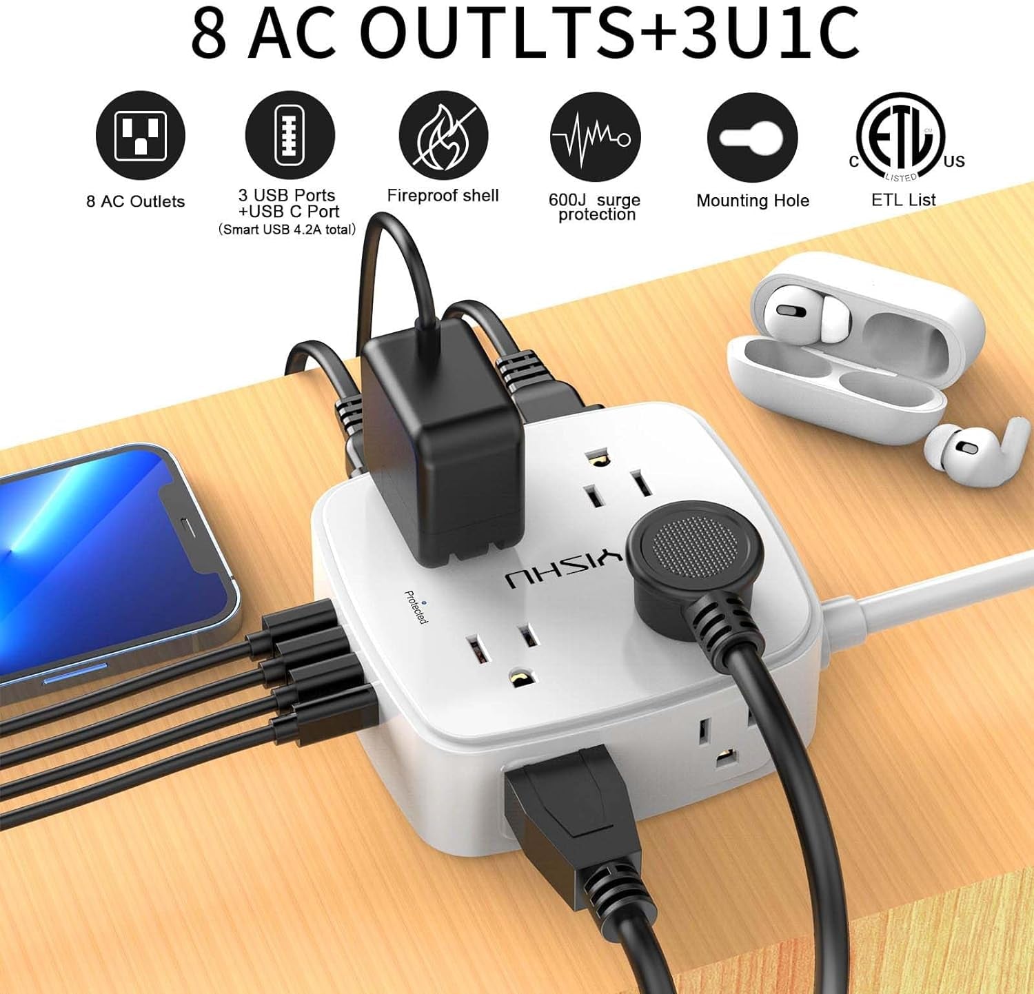 6 Ft Surge Protector Power Strip 8 Widely Outlets with 4 USB Ports 3 Side Extend