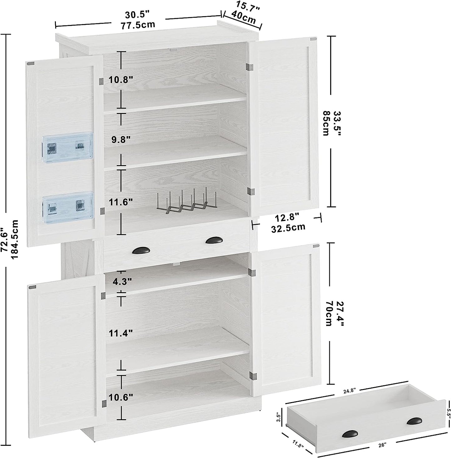 Kitchen Pantry Storage Cabinet 72" Height with Barn Doors Drawer 4 Adjustable