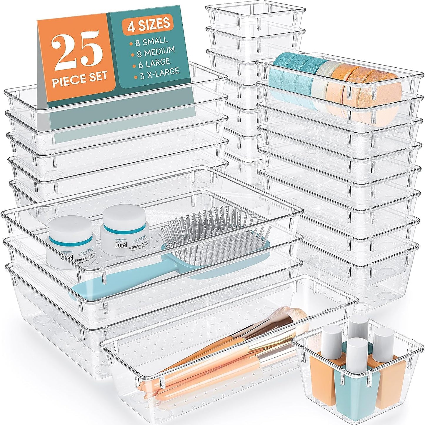 25 PCS Clear Plastic Drawer Organizer Set 4 Sizes Desk Drawer Divider Organizers