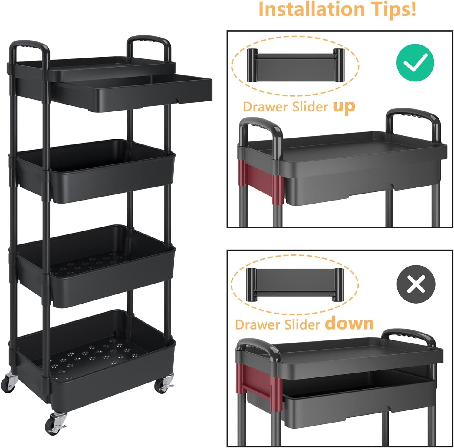 4 Tier Rolling Utility Cart with Drawer Multifunctional Storage Organizer with Plastic Shelf