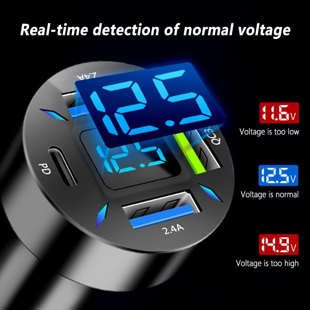 Car Charger 66W Super Fast Charging with USB PD&QC 3.0Voltmeter&Led Lights