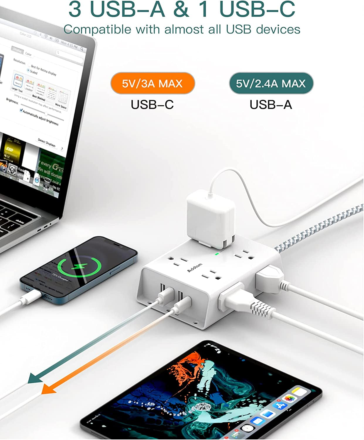 Surge Protector Power Strip 8 Widely Outlets with 4 USB Ports1 USB C Outlet