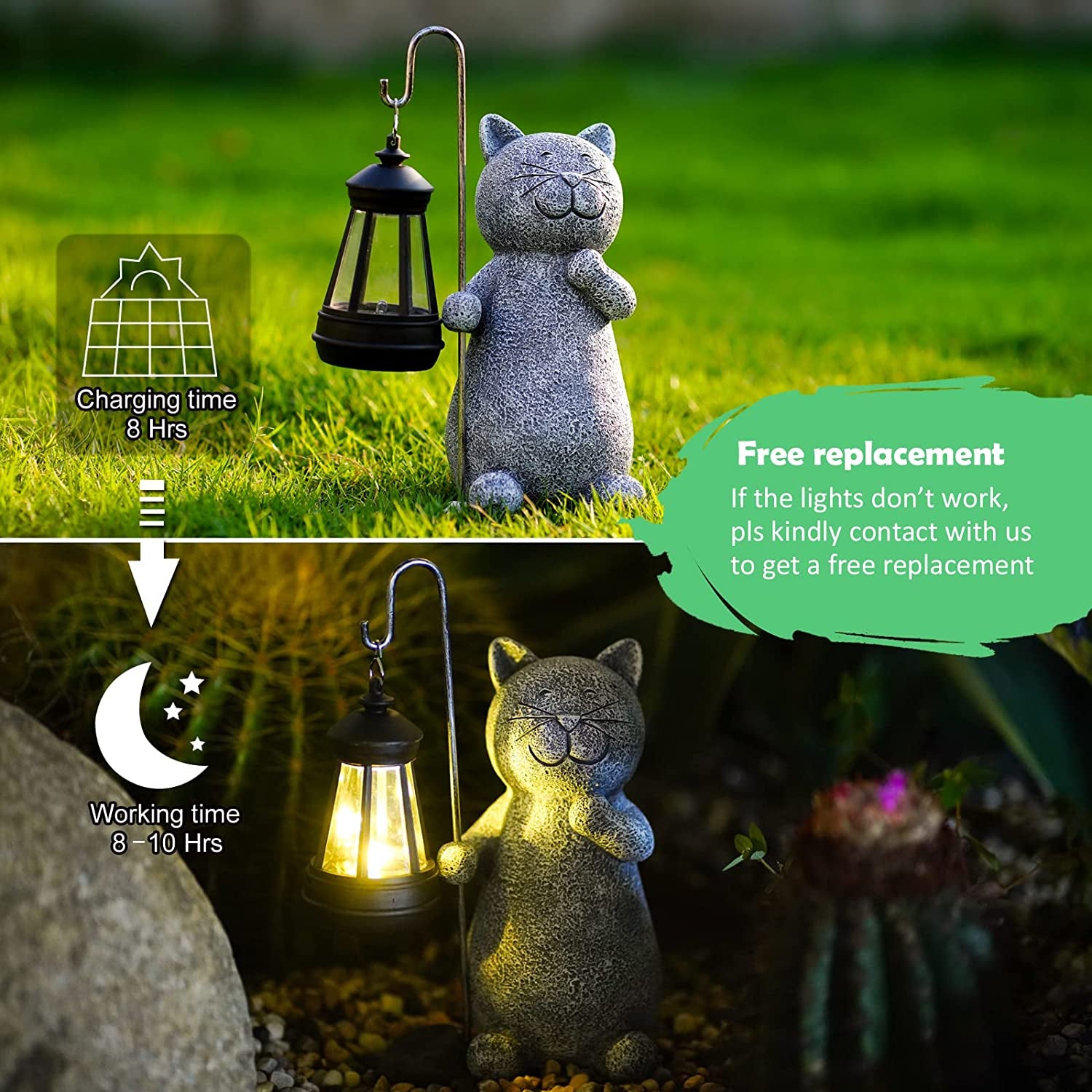 Solar Garden Statue Cat Figurine Garden Art with Solar Lantern