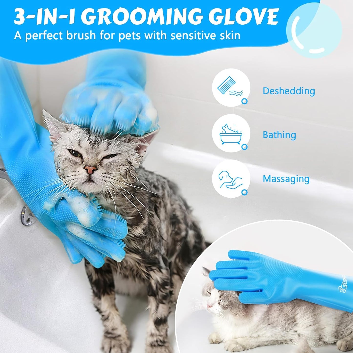 Pet Grooming Gloves Heat Resistant Cat Bathing Gloves with  