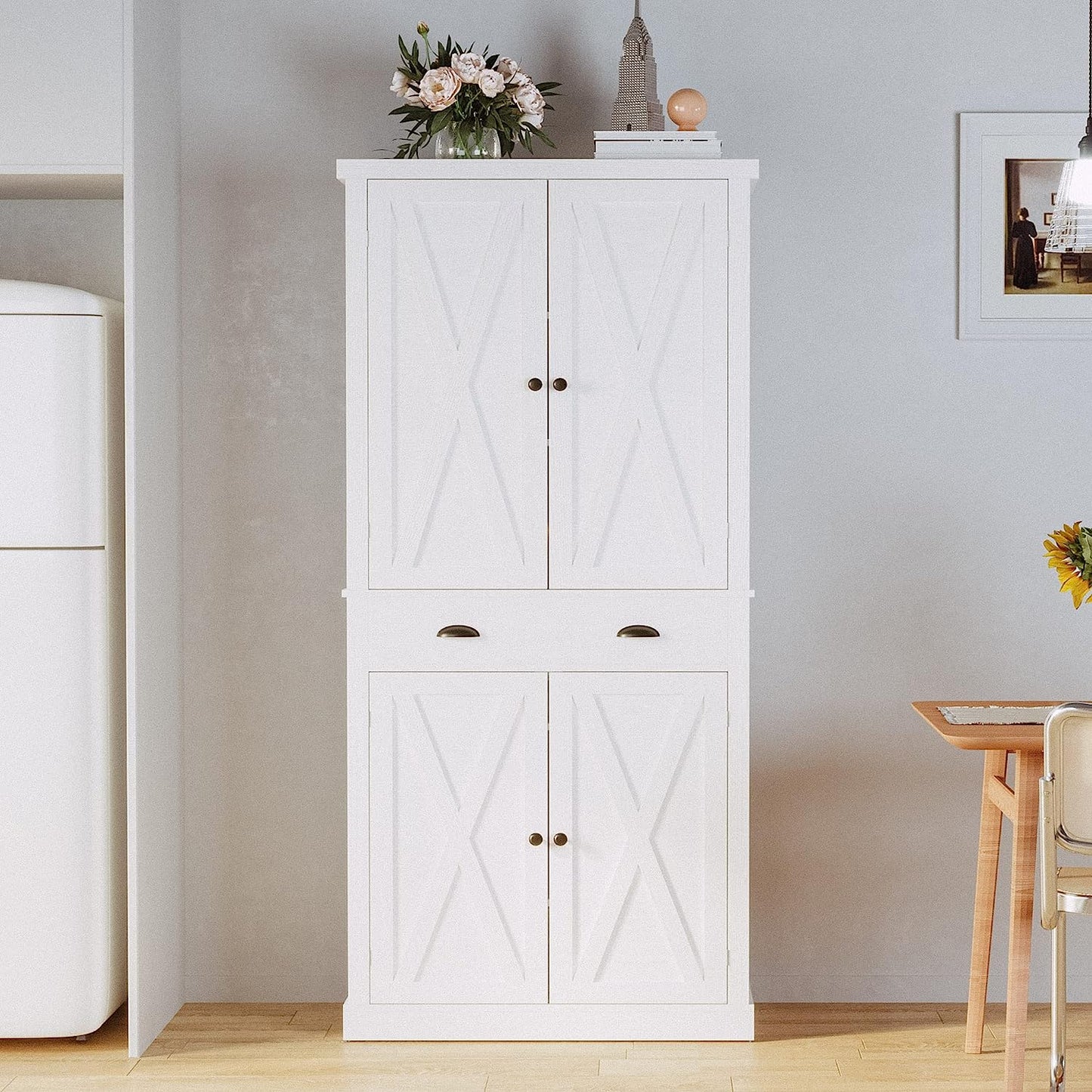 Kitchen Pantry Storage Cabinet 72" Height with Barn Doors Drawer 4 Adjustable