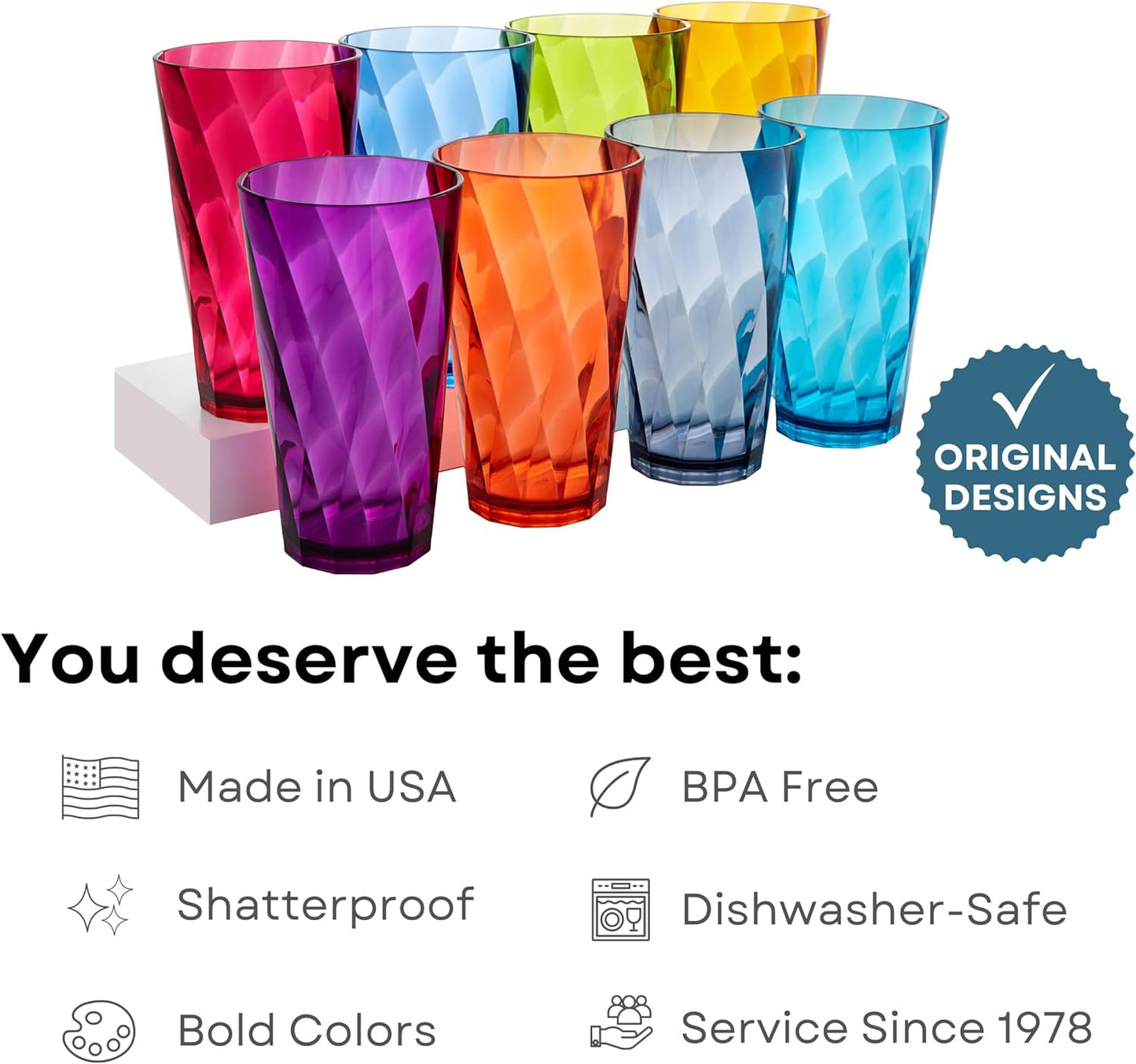 Optix Plastic Reusable Drinking Glasses Set of 8 20Oz Water Cups in Jewel Tone Colors