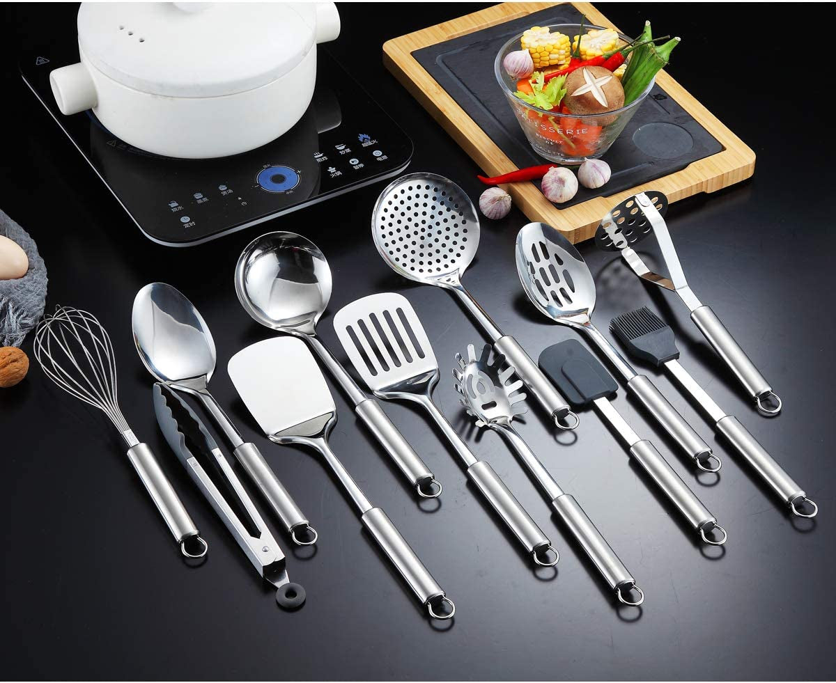 Cooking Utensil Set 13 Piece Stainless Steel Kitchen Tool Set with Holder