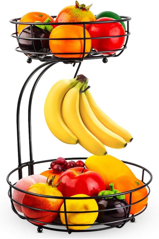 Iron 2 Tier Countertop Fruit Vegetables Basket Bowl Storage with Banana Hanger