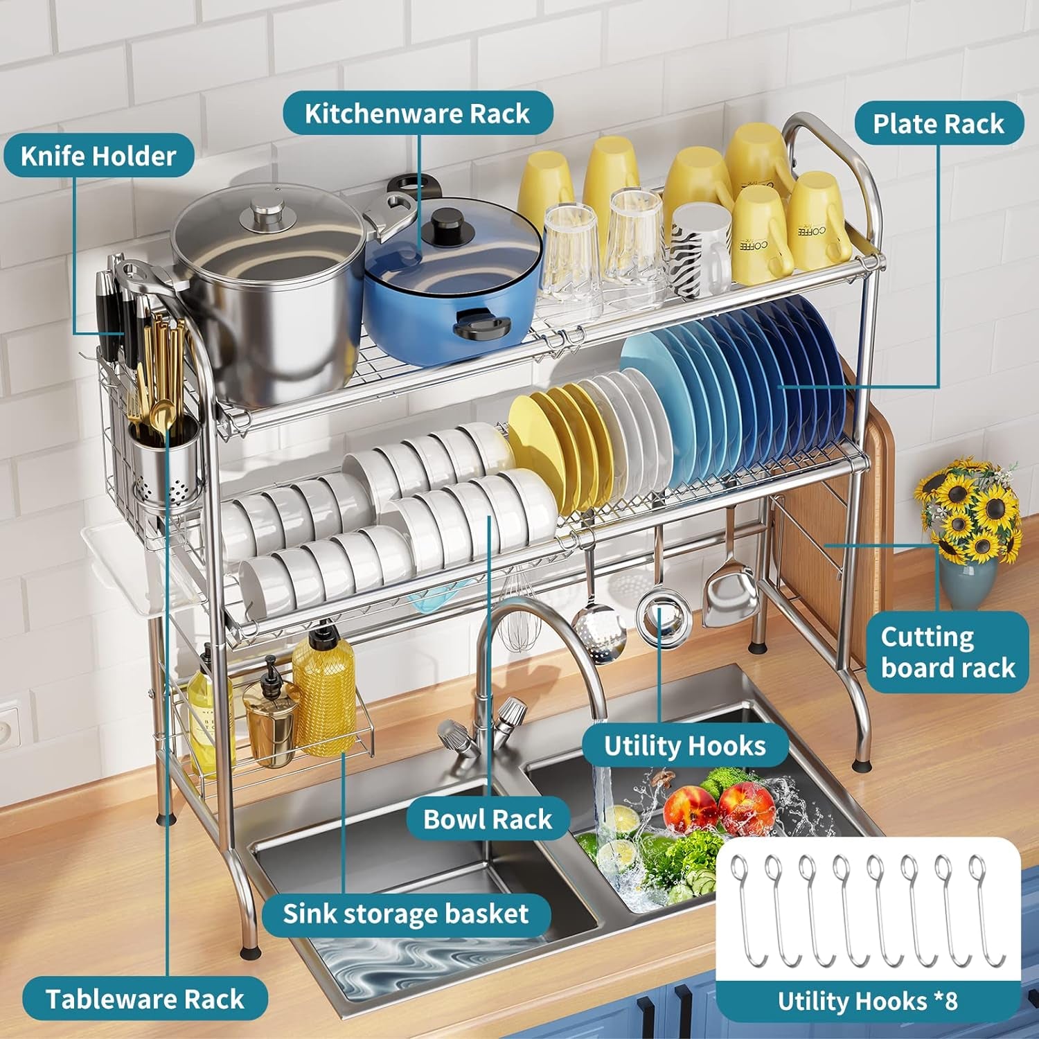 Stainless Steel 2 Tier over the Sink Dish Drying Rack with Utensil Holder Large