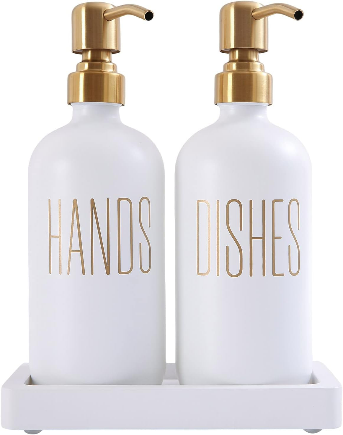 Glass and Stainless Steel Soap Dispenser Set for Kitchen Counters White