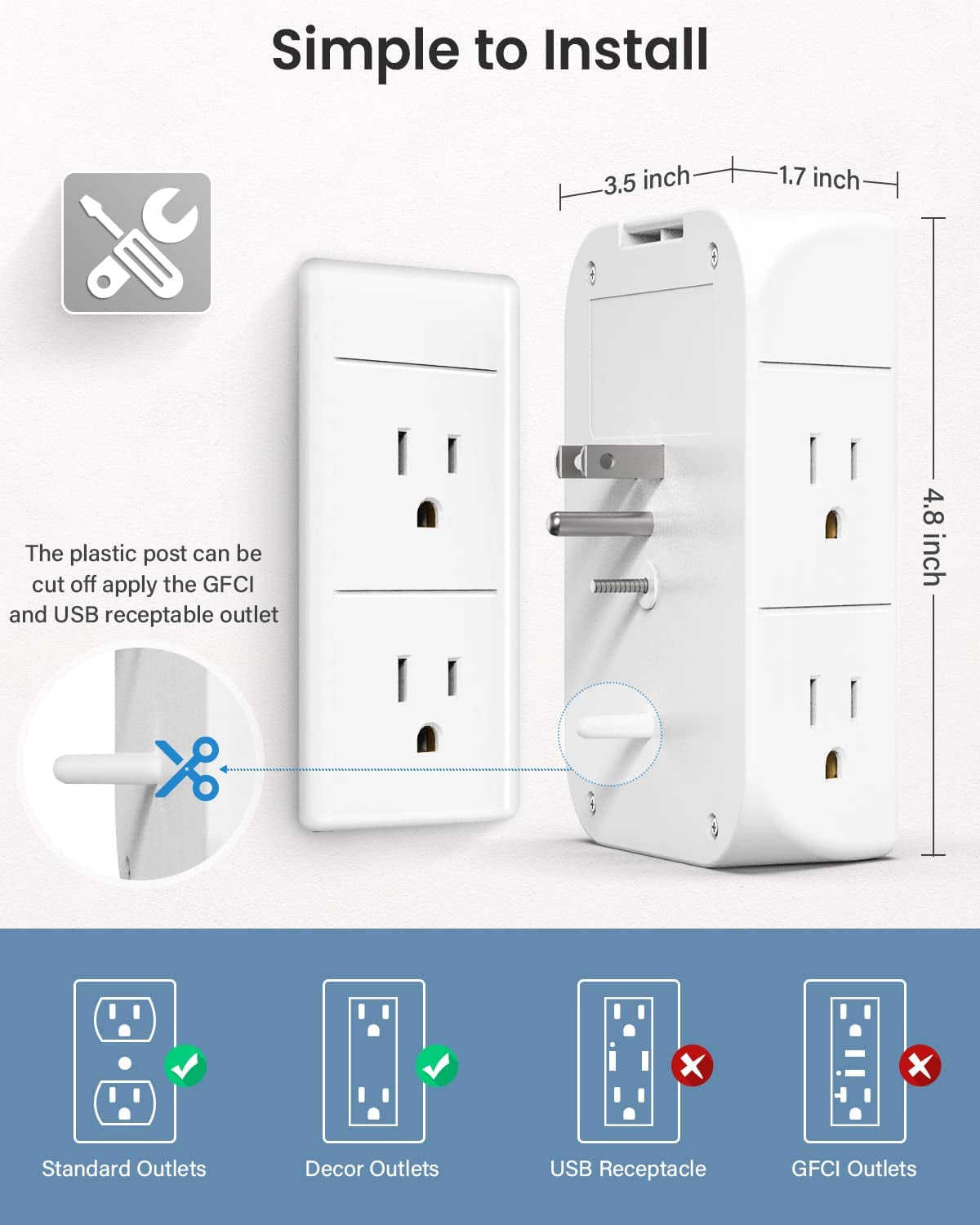 Wall Outlet Extender with Shelf and Night Light Surge Protector Usb Wall Charger