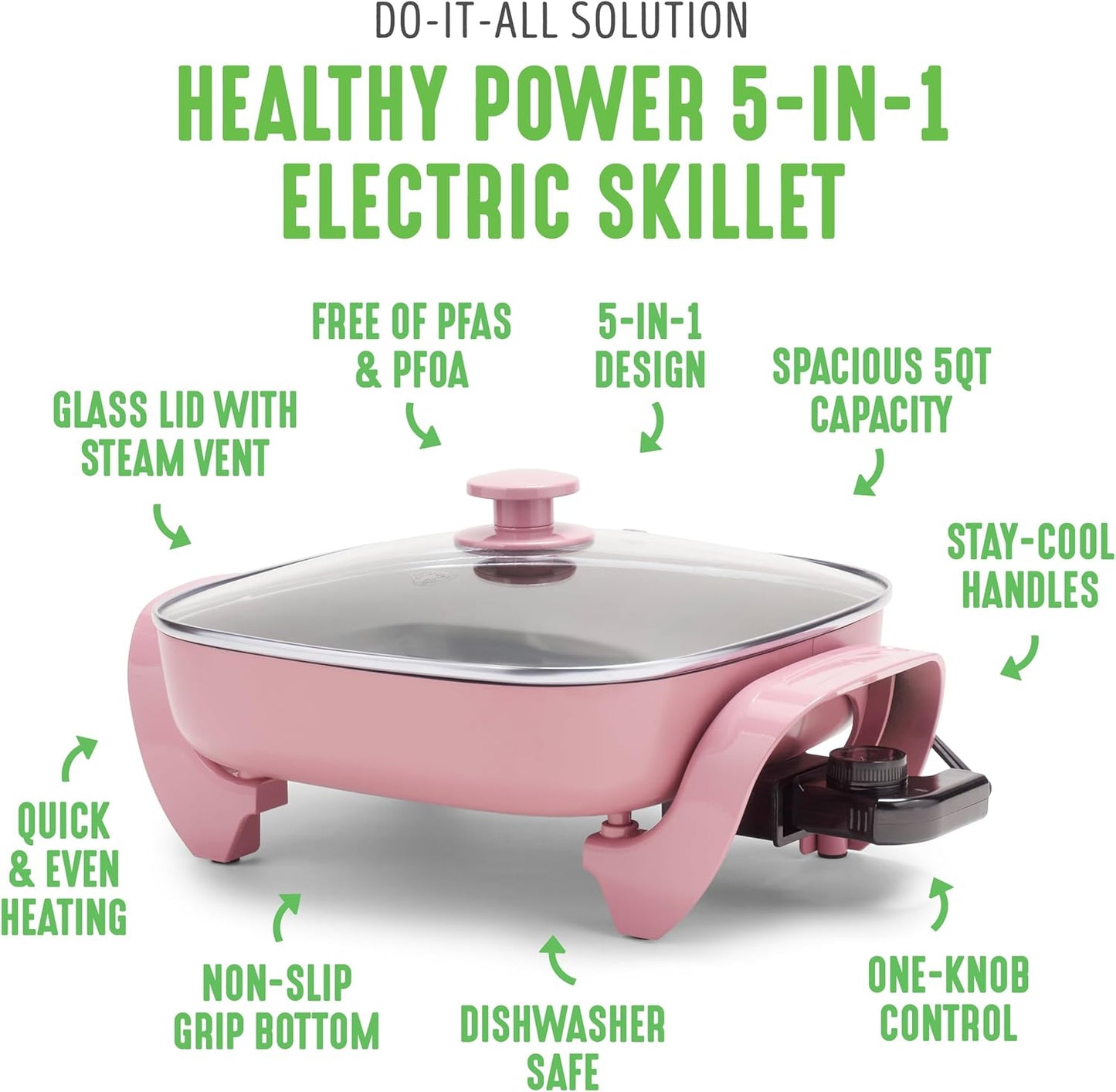 12 5QT Square Electric Skillet Glass Vented Lid Ceramic Pfas Free Nonstick Coated Interior