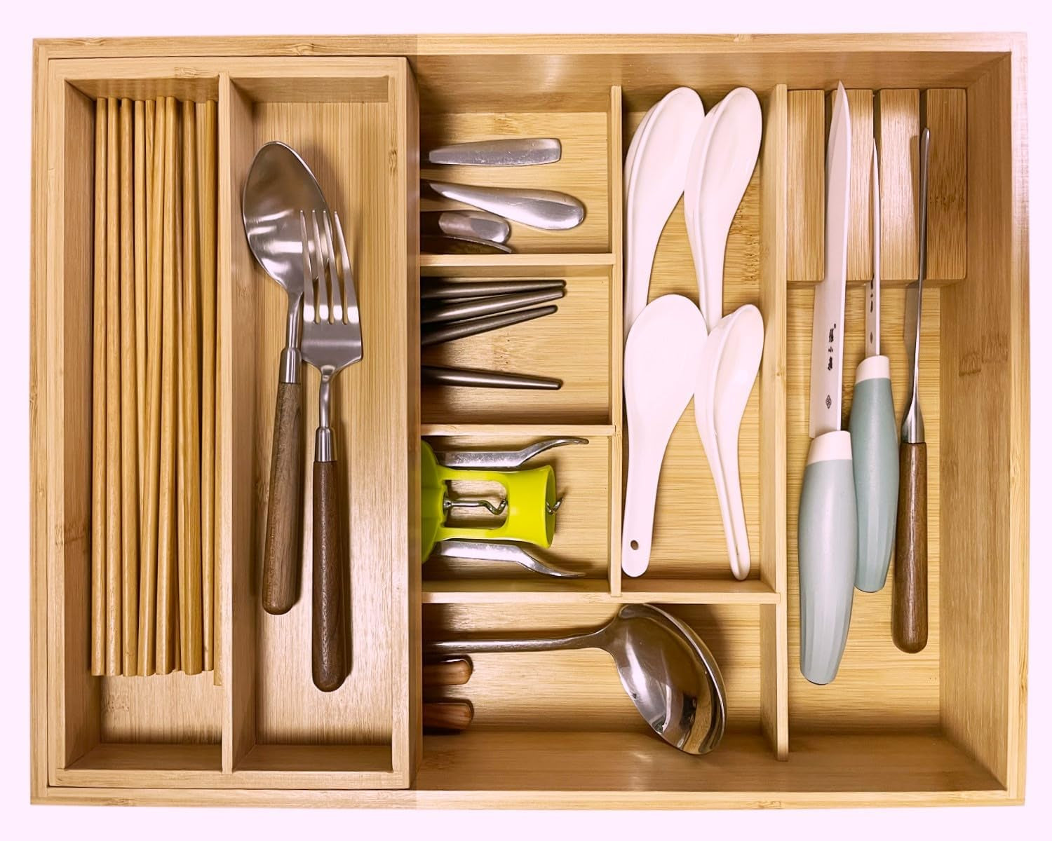 Double Layer Bamboo Kitchen Drawer Organizer Utensil Silverware Organizer