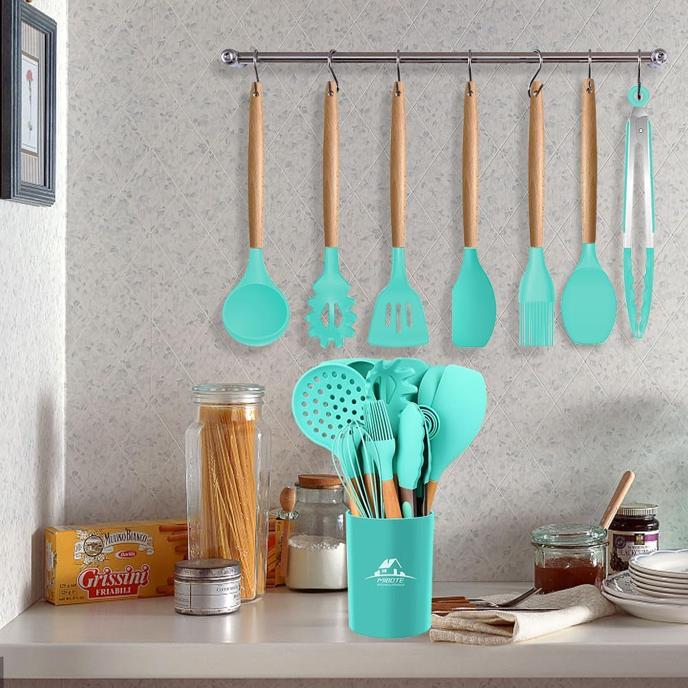 17 Pcs Silicone Cooking Kitchen Utensils Set with Holder Wooden 