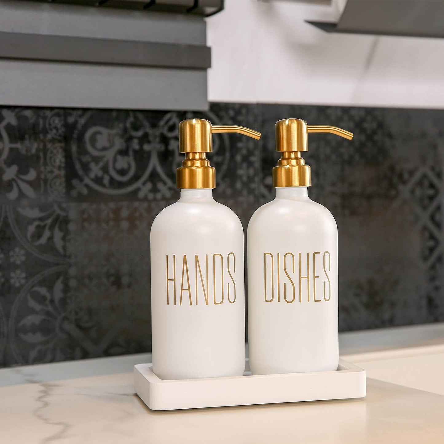 Glass and Stainless Steel Soap Dispenser Set for Kitchen Counters White