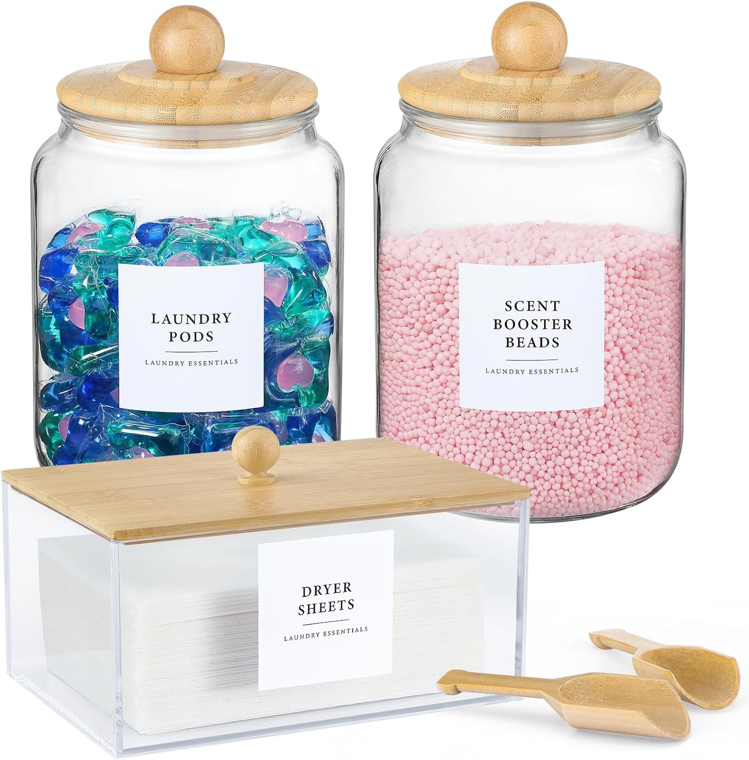 Glass Jars and Dryer Sheet Holder with Bamboo Lids Dispenser  