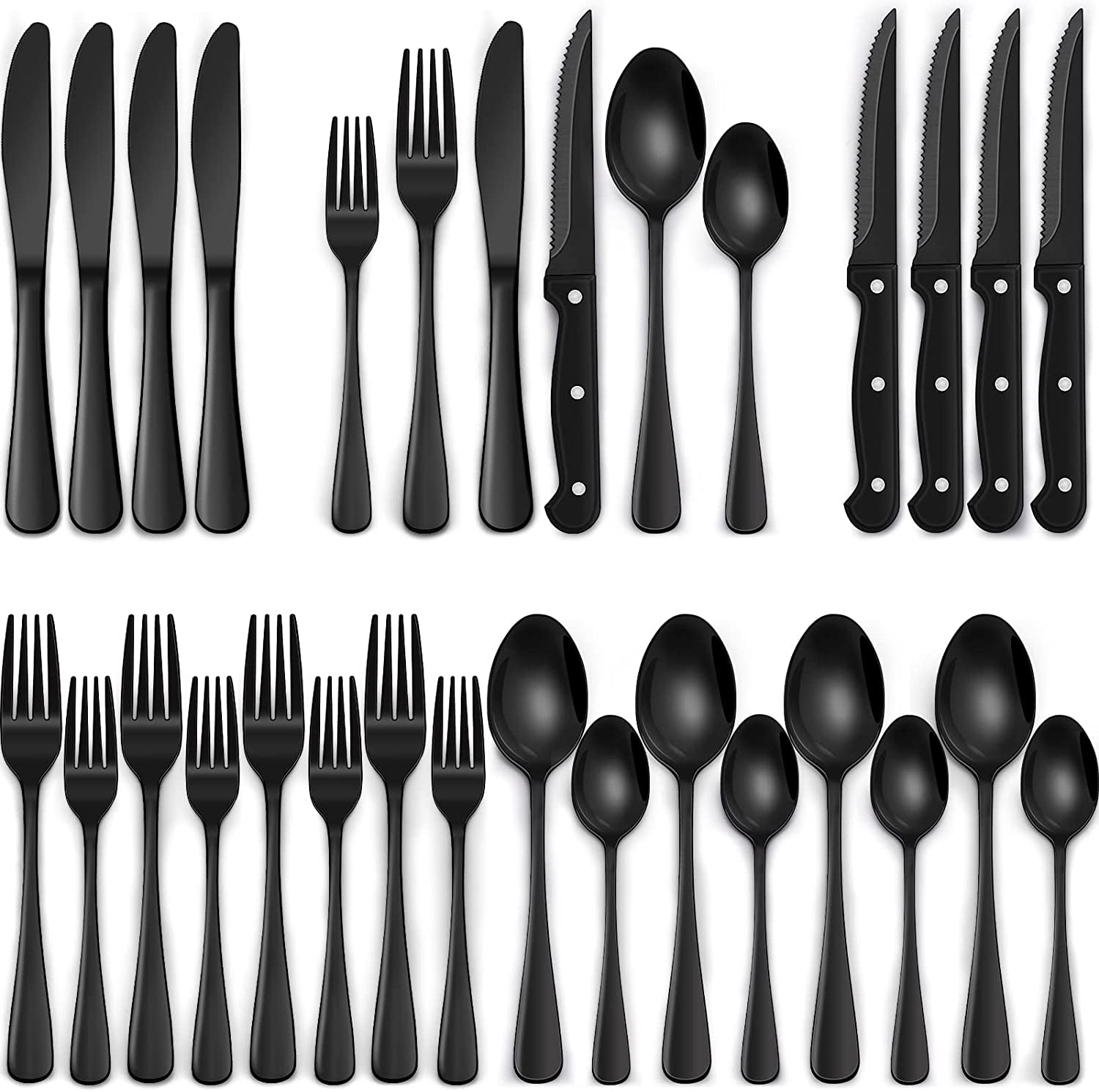  Piece Black Silverware Set with Steak Knives Black Flatware